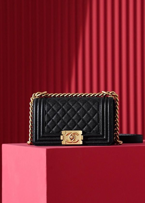 CHANEL LE BOY Grained Calfskin Handbag Gold CC Trumpet