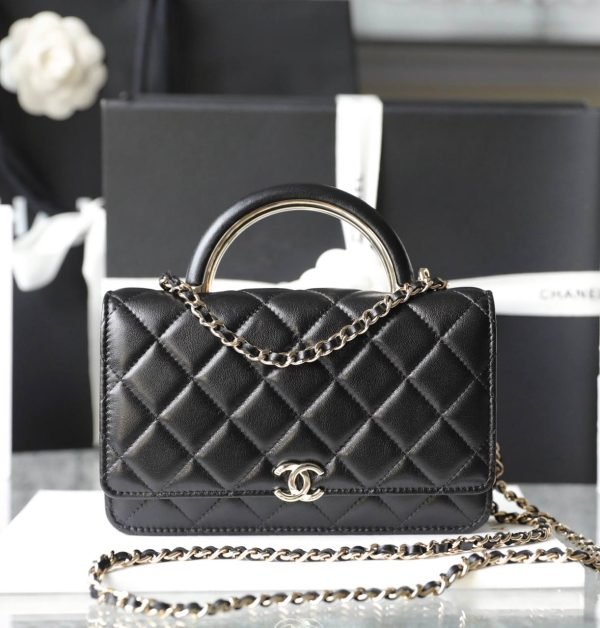 Chanel 22A Gold Metal Handle Chain WOC Black